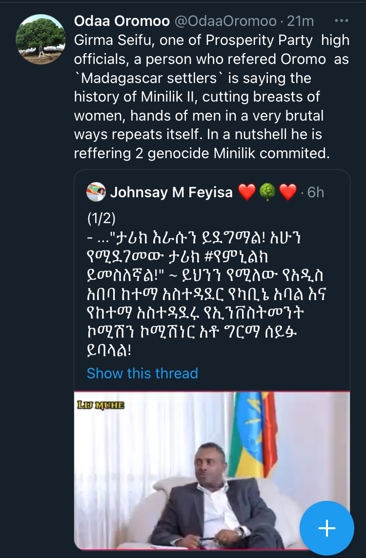 Prosperity Party official Girma Seifu dehumanizing Oromo